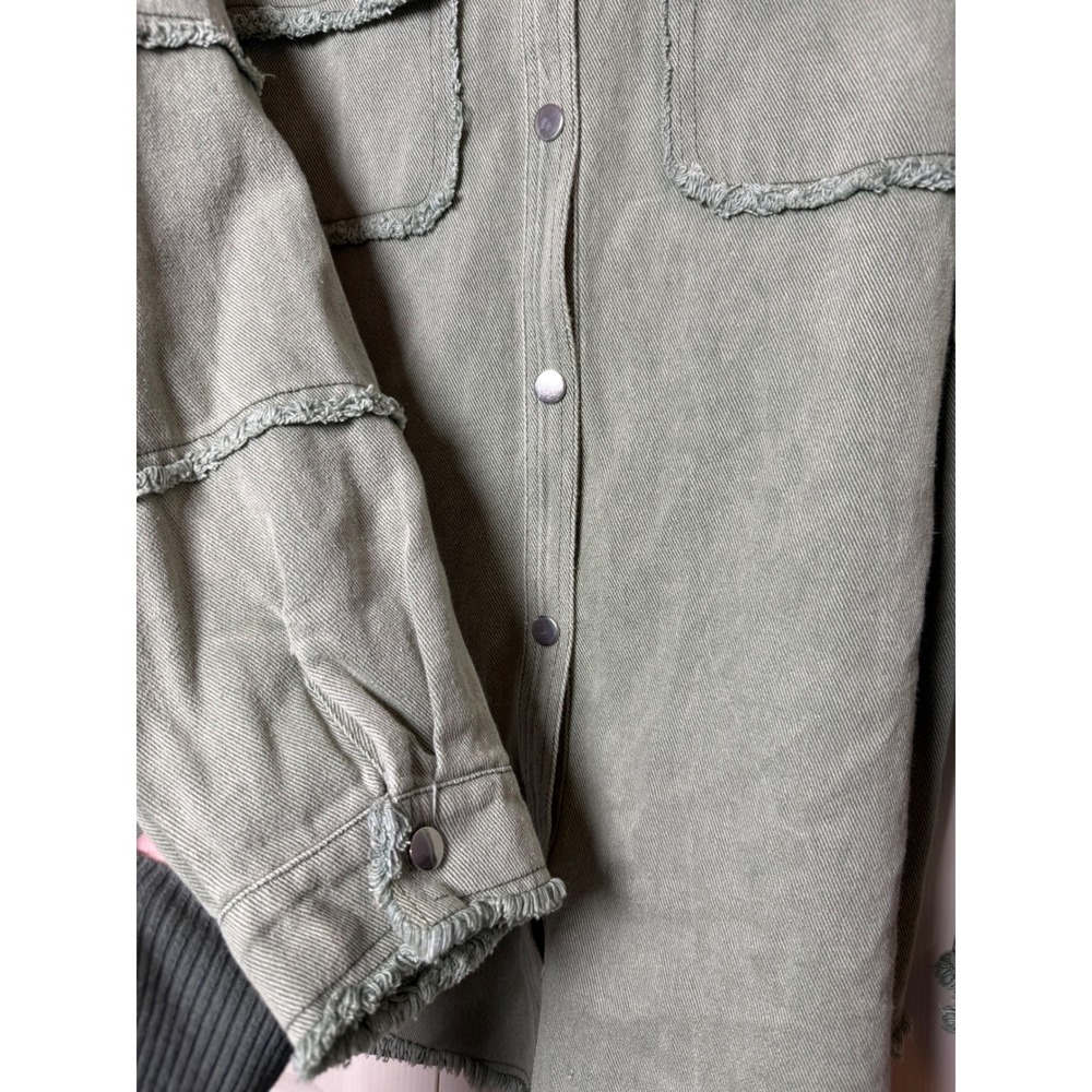 Blue B Collection Sage Green Smiley Face Butterfly Frayed Denim‎ Shacket   M - Picture 6 of 10